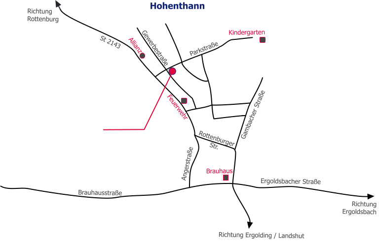 Gambacher Straße Ergoldsbacher Straße Brauhausstraße Parkstraße Gewerbestraße St 2143 Angerstraße Richtung  Rottenburg  Richtung Ergolding / Landshut Richtung  Ergoldsbach Hohenthann Feuerwehr Kindergarten Allianz Brauhaus Rottenburger Str.